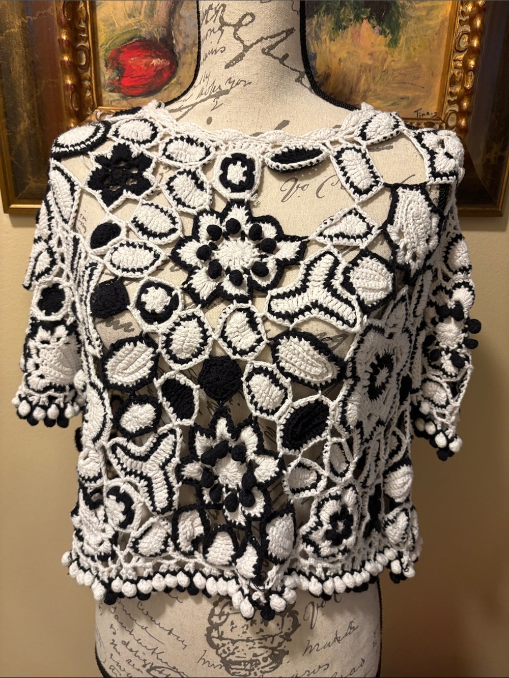 Zara Crochet with dangling knit Pom poms cropped overtop sweater